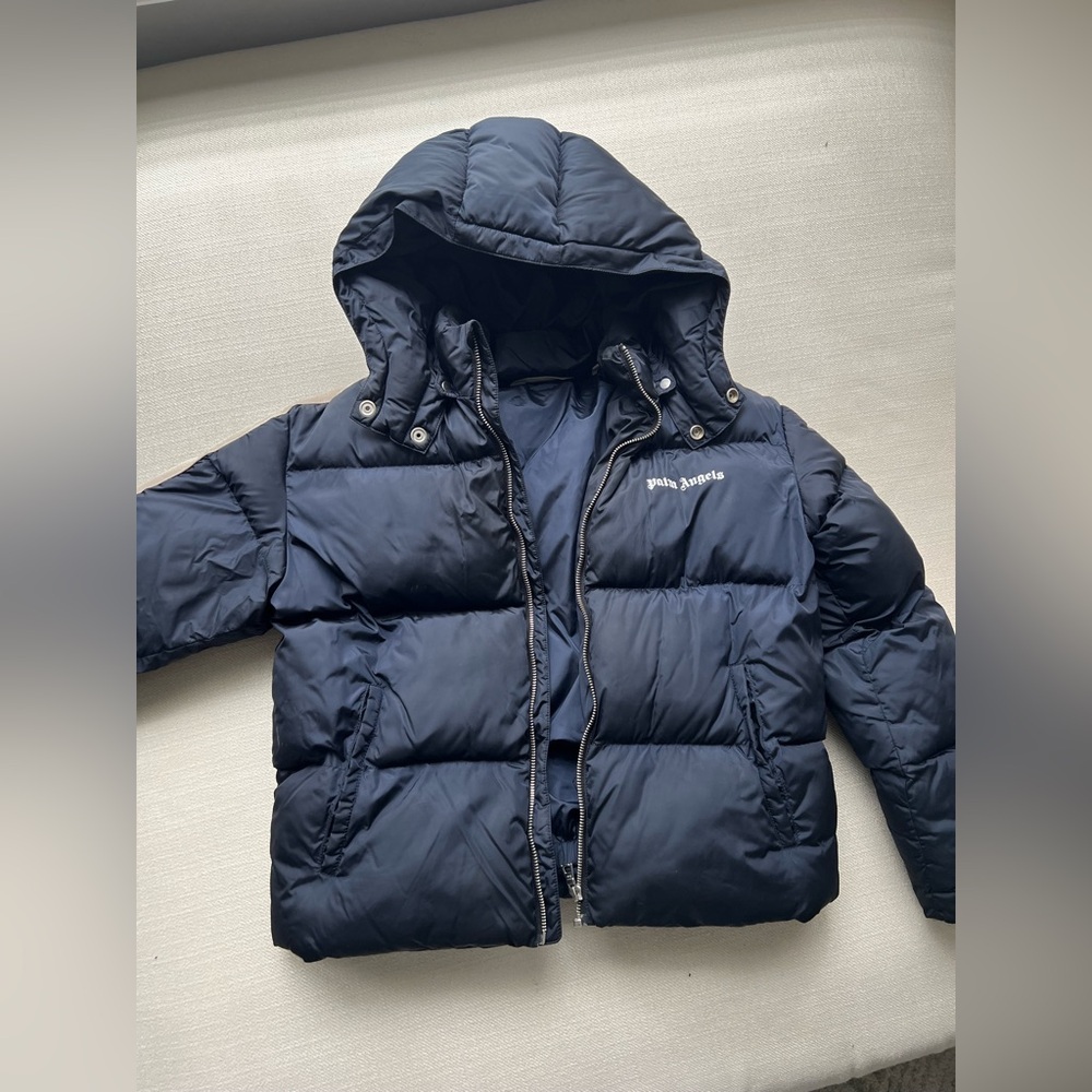 Boys Palm Angels Dark Blue and White puffer coat